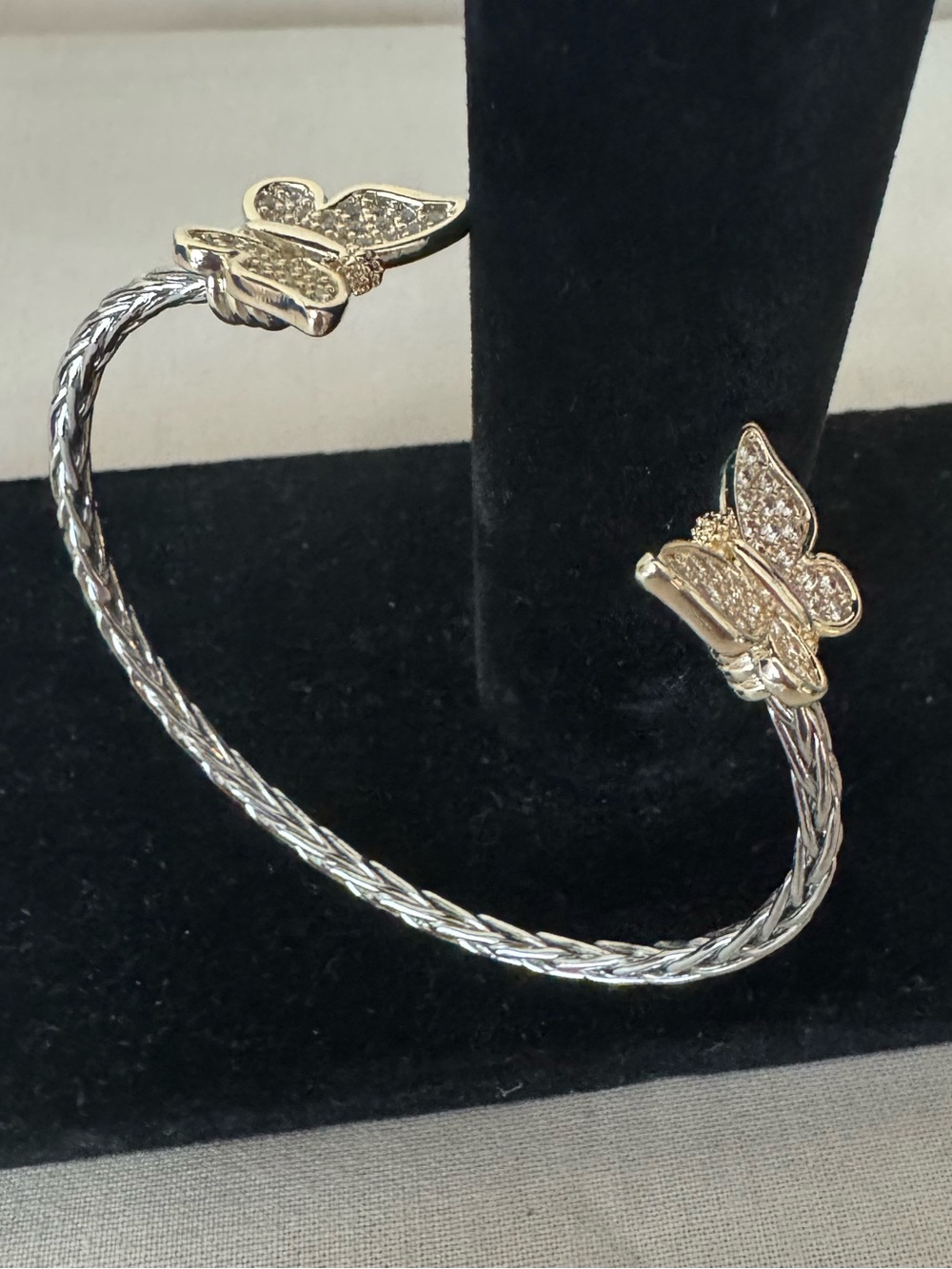 Silver Braided Cuff Bracelet with Gold Butterfly Accents